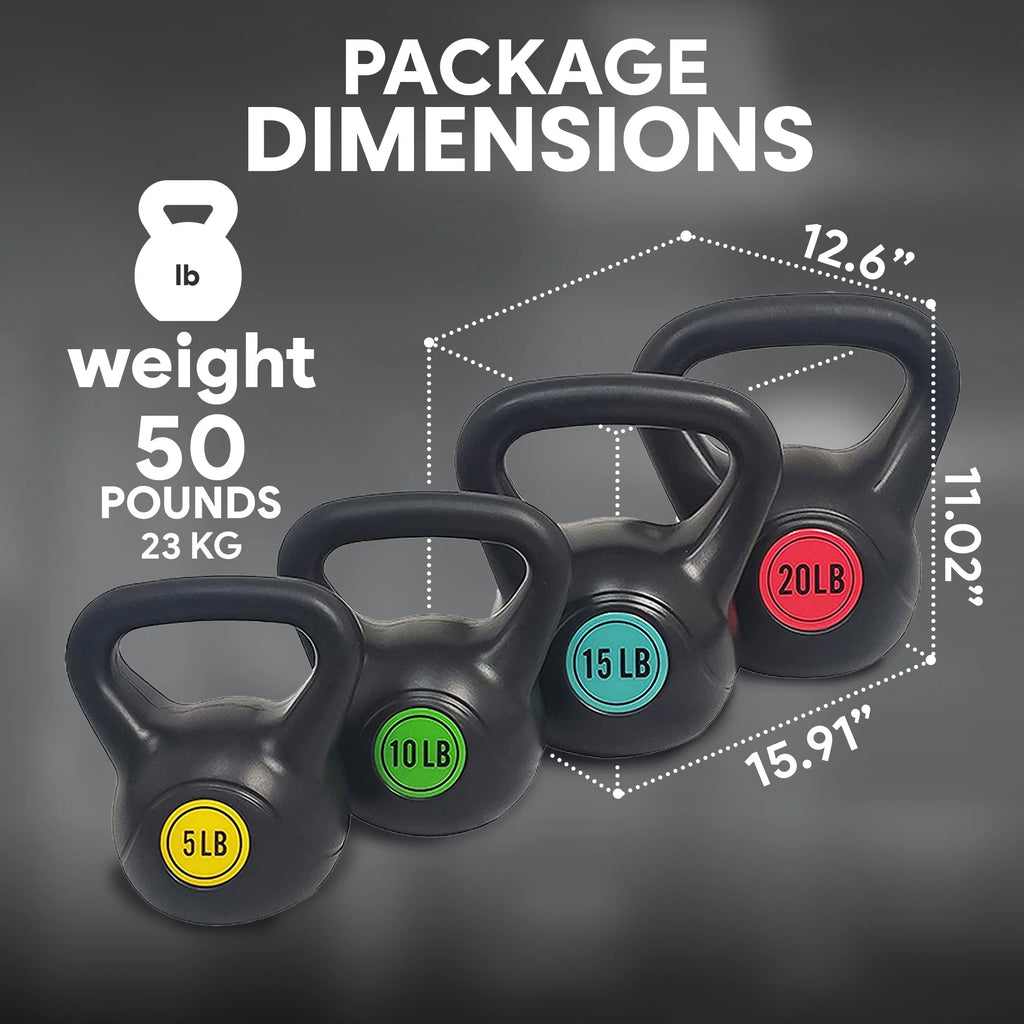 Wide Grip 4 Piece Kettlebell Exercise Fitness Weight Set, Includes 5 Lbs, 10 Lbs, 15 Lbs, 20 Lbs